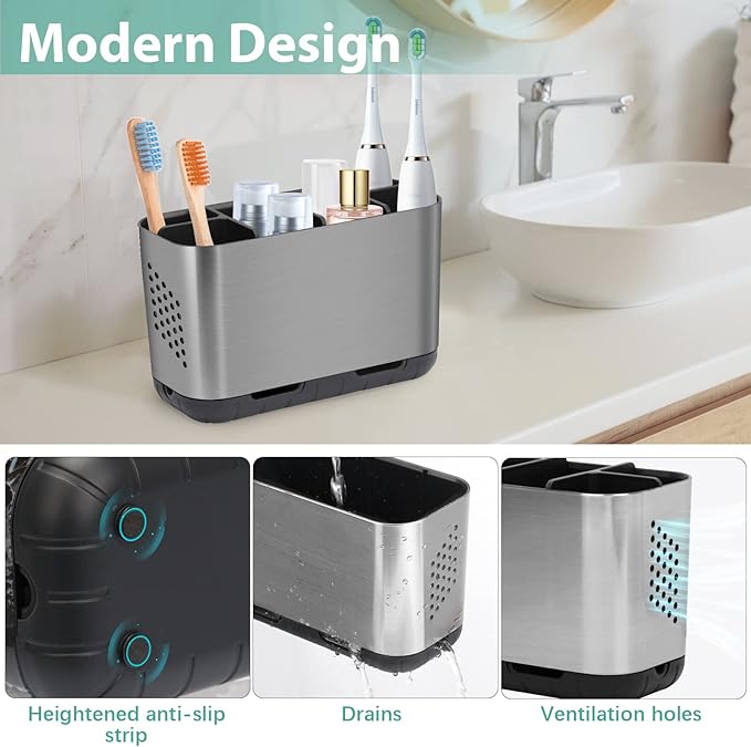 Boperzi Toothbrush and Toothpaste Holder Brushed Nickel Drainage for Bathroom Vanity, Large Electric Toothbrush Storage Caddy Anti-Slip Rustic with Adjustable Dividers for Family, Kids-NeatNest