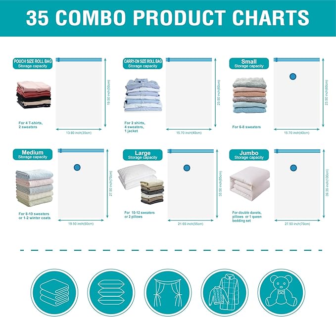 35 Pack Space Saver Bags (5 Jumbo/6 Large/6 Medium/6 Small/6 Roll-M/6 Roll-S) Compression Storage Bags for Comforters and Blankets, Vacuum Sealer Bags for Clothes Storage, Hand Pump Included-NeatNest
