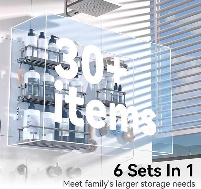 YASONIC Shower Caddy, 6 Pack Large Capacity shower Organizer with Soap Holder and 12 Hooks, Rustproof Shower Shelves for Inside Shower, No Drilling&Sleek Bathroom Organizers and Storage Grey-NeatNest
