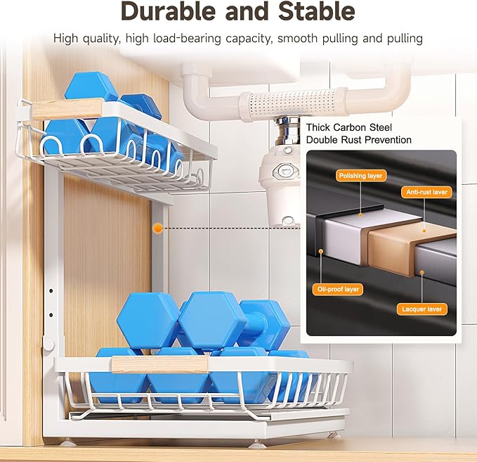 2 Packs Under Sink Organizer, High Adjustable 2 Tier Under Kitchen sink organizer, Multi-Purpose Storage Shelf for Kitchen Bathroom Cabinet, Black (White)-NeatNest
