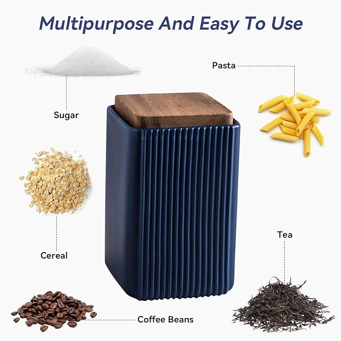 Ceramic Storage Jars Modern Elegant Highly Polished Airtight Storage Canisters with Lid Whiteware Food Stroage Jar for Kitchen Spice Tea Vanilla Sugar Coffee Beans (Blue-750ML)-NeatNest