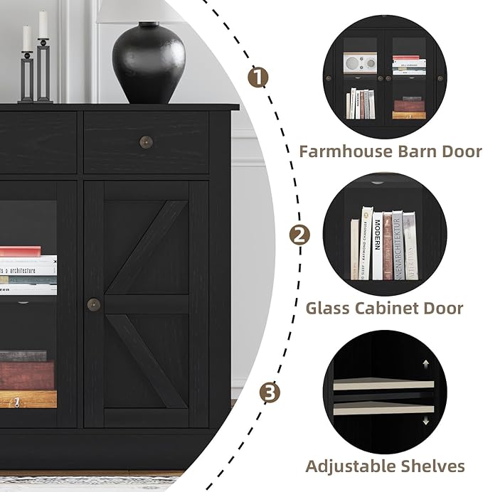 4 EVER WINNER Sideboard Buffet Cabinet with Storage, 55" Coffee Bar Cainets with 3 Drawers and Glass Doors, Farmhouse Buffet Cabinet for Kitchen, Living Room-NeatNest