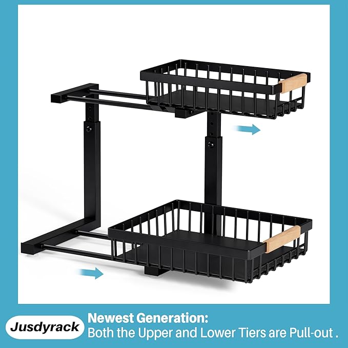 Under Sink Organizers and Storage,2 Packs 2 Tier Sliding Pull Out Cabinet Storage Shelf, Metal Drawer for Kitchen Bathroom Cabinet, Under Sink Organizer Organization Rack, Rust-Resistant Black-NeatNest