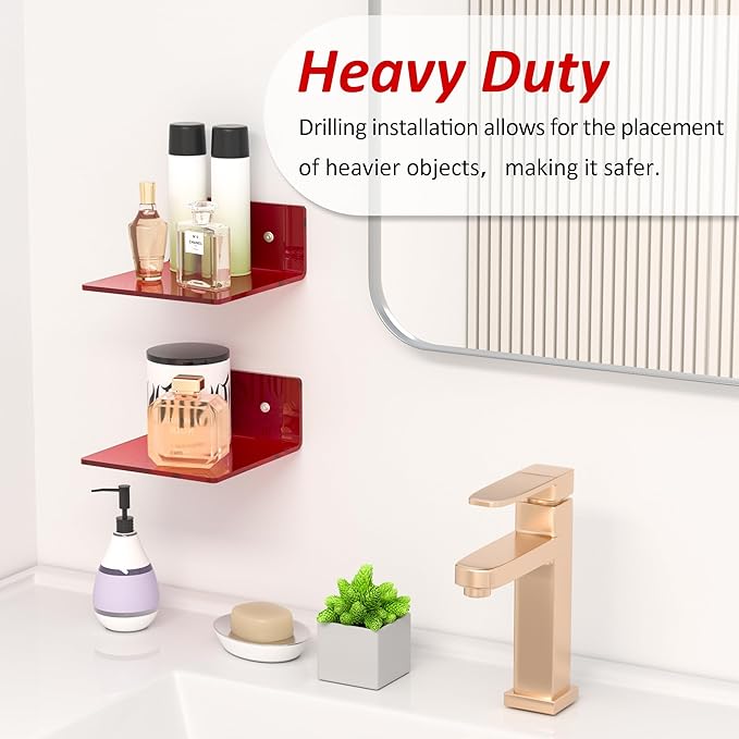 6 Inches Acrylic Small Wall Shelves, Red Floating Shelf for Wall Mounting, Acrylic Display Ledges for Funko Pop Figures, Home Décor, Living Room, Gaming Room, Plants, 2 Pack-NeatNest