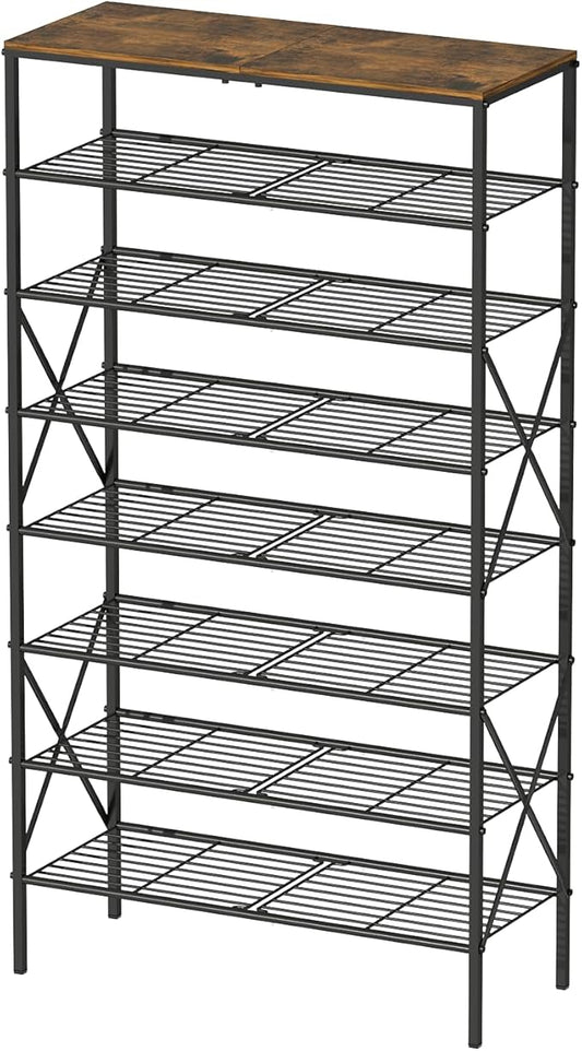 8-Tier Metal Shoe Rack for 32 Pairs, Heavy-Duty Shoe Organizer with Rustic Wooden Top, Space-Saving Entryway Shoe Storage for Closet, Garage, Hallway, Bedroom, Black & Rustic Brown-NeatNest