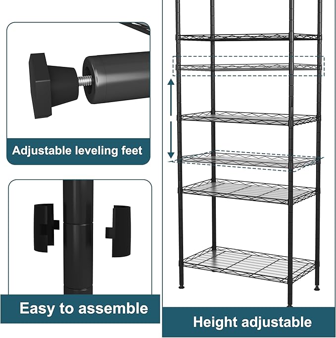 HOMEFORT 6-Shelving Unit, Adjustable Wire Shelving, Metal Wire Shelf Rack Organizer for Kitchen, Pantry, Closet, Bathroom, Laundry, Black,21" W x 11" D x 69" H