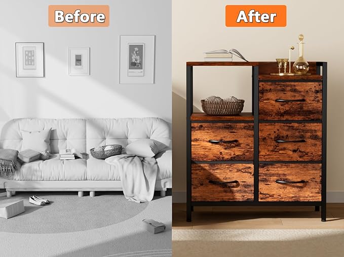 Furnulem 5 Drawer Rustic Brown Dressers for Bedroom 2 Tier Shelf Storage Small Fabric Dresser for Closet Sturdy Metal Frame Modern Style Storage Cabinets Organization Units for Hallway Rooms-NeatNest