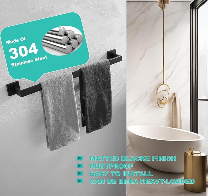 24 Inch Towel Bar for Bathroom 12/16/24/28/32/36 Inch Kitchen Towel Holder Matte Black Towel Rod Wall Mounted SUS304 Rustproof Towel Rack Modern Square Design (1, Matte Black, 24 Inch)