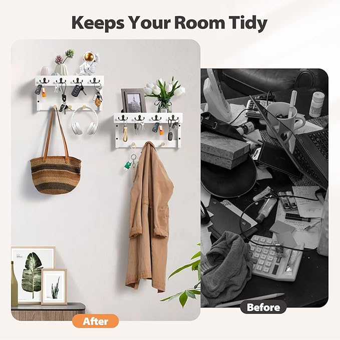 2 Pack Key Holder with 14 Hooks, Wall Hooks with Shelf, Mail Organizer with Hooks, 4 in 1 Coat and Key Hanger Shelf with Mail Holder for Entryway Living Room, Bedroom （White