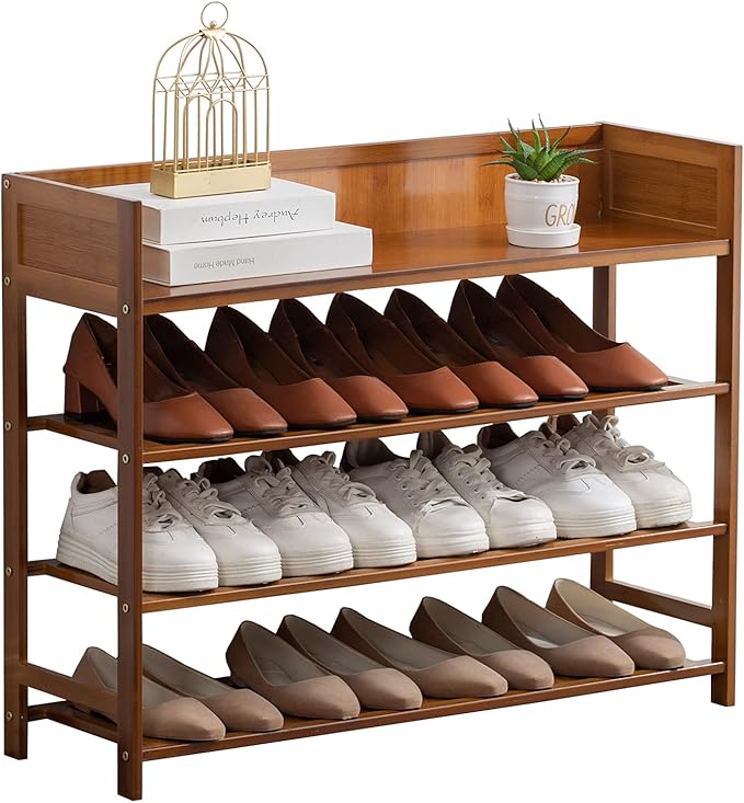 4 Tier Shoe Rack Organizer, 4 Tire Bamboo Stackable Shoe Shelf Storage Organizer, for Entryway, Hallway, and Closet (Brown)-NeatNest