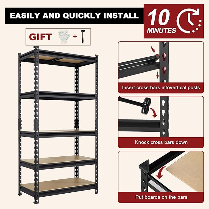 BIG RED 5 Tier Heavy Duty Garage Storage Shelving: Adjustable Metal Utility Shelving Rack for Garage, Basement, Pantry, Closet - 2,000lb Capacity (72"x36"x18") Black-NeatNest