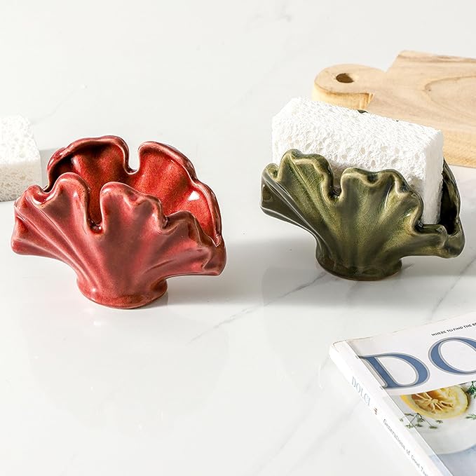 Ceramic Sponge Holder,Sponge Holder for Kitchen Sink,Compact Sink Caddy Organizer-Scouring Pad and Dish Sponge Holders,Farmhouse Kitchens Decor Cute Kitchen Gadgets Accessories(Red)-NeatNest