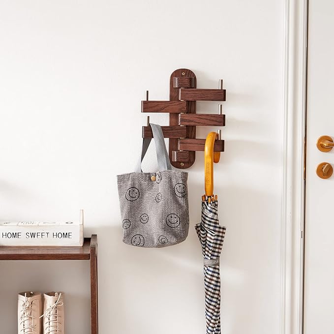 Coat Hooks for Wall, Oak Wood Wall Hooks with 5 Swivel Foldable Arms, 12'' Length Coat Rack Hat Hooks for Bathroom Entryway Bedroom Office Kitchen, Heavy Duty (Walnut)-NeatNest