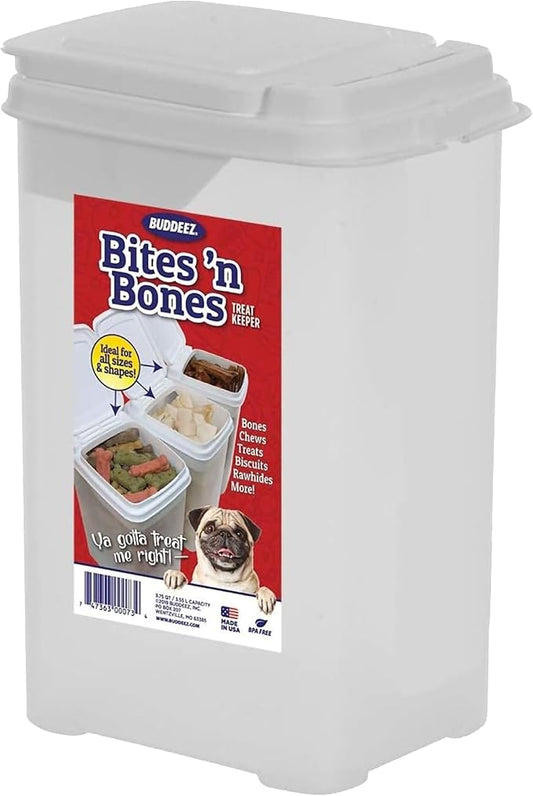Buddeez Pet Treat Container for Dogs and Cats - 3.5 Quart Flip Top Storage Bin - Bites And Bones Design - Airtight Food Holder-NeatNest