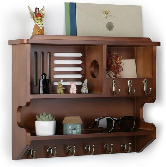 Key Holder for Wall, Mail and Key Holder for Home Decor, Key and Mail Holder for Wall with Key Hooks, Walnut
