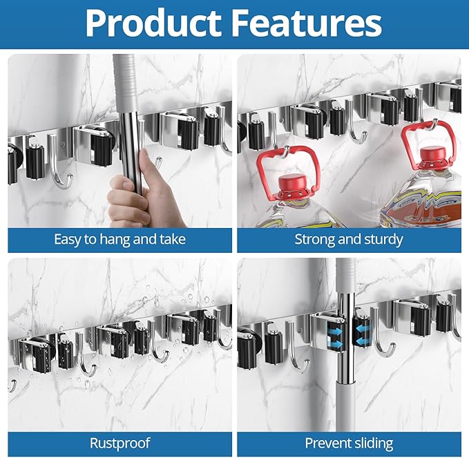 2 Pack Broom Holder Wall Mount Mop and Broom Hanger Broom Organizer Storage Tool Racks Stainless Steel Heavy Duty for Kitchen Garden Laundry Garage (5 Racks with 4 Hooks)