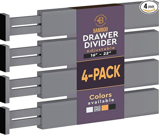 4 Pack Drawer Dividers Bamboo 2.6" High, 16-22" Adjustable Drawer Organizers for Clothes, Expandable Dresser Separators in Bedroom/Bathroom/Kitchen/Office Organization and Storage (Grey)-NeatNest
