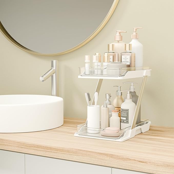 1 Pack Bathroom Organizers and Storage - Multi-Purpose,2-Tier Clear Pull Out Organization for Bathroom,Under Sink,Kitchen,Vanity,Countertop,Cabinet,Pantry & Medicine Cabinet,White-NeatNest