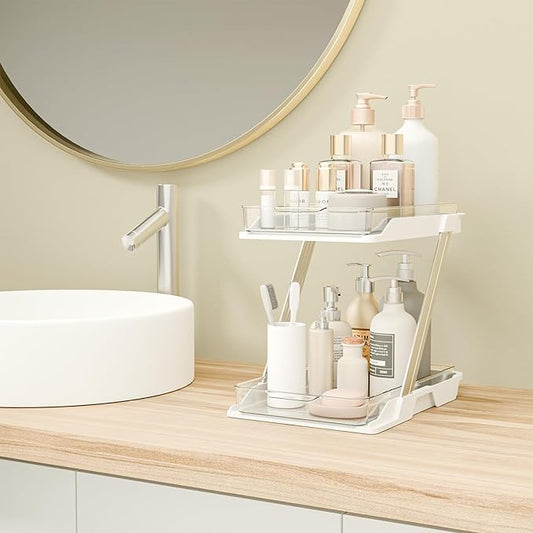 1 Pack Bathroom Organizers and Storage - Multi-Purpose,2-Tier Clear Pull Out Organization for Bathroom,Under Sink,Kitchen,Vanity,Countertop,Cabinet,Pantry & Medicine Cabinet,White-NeatNest