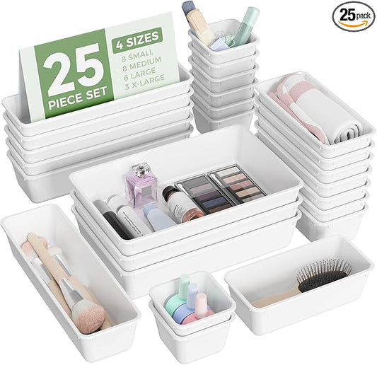 25 PCS Plastic Drawer Organizers Set, 4-Sizes Vanity and Makeup Organizer, Desk and bathroom Drawer Organizer Trays, Organizers and Storage for Makeup, Jewelry, Gadgets, Utensils (White)-NeatNest