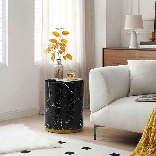 kevinplus Black Side Table End Table for Living Room, Faux Marble Grain, Black & Gold (ø15.7'' x 19.6'')