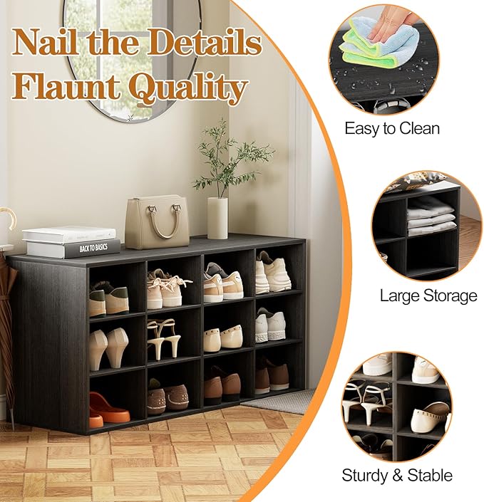 12-Cubby Shoe Rack, 3-Tier Wood Shoe Organizer, Multifunctional Shoe Organizer Bench for Entryway, Mudroom, Hallway, Closet,36.22 * 11.81 * 17.72 Inch,Black-NeatNest