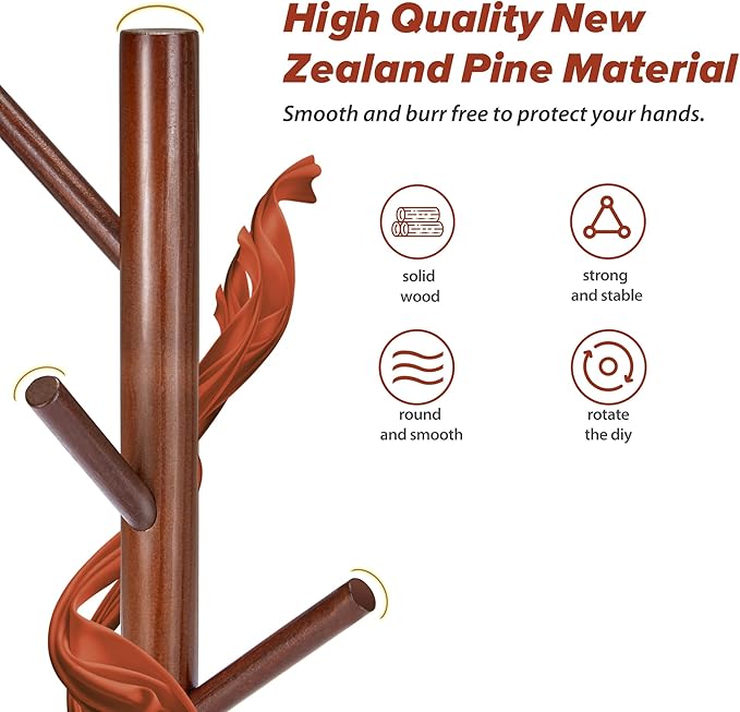 Wooden Coat Rack, Free Standing Coat Rack with 8 Hooks 3 Adjustable Heights for Clothes, Hats, Handbags, Coat Tree Easy Assembly for Entryway, Bedroom, Hallway, Office (New Brown)-NeatNest