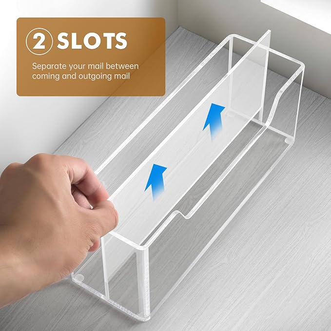 BEYGORM Acrylic Mail Organizer for #10 Envelopes, 2-Slot Wall-Mounted & Countertop Letter Holder, Clear Hanging Mail Rack for Home Office-NeatNest