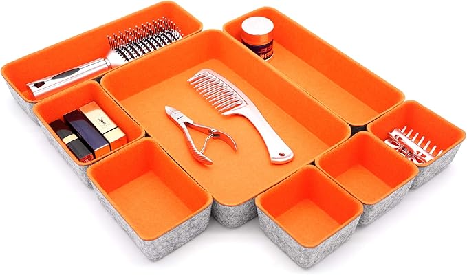 Welaxy desk drawer organizers bin trays dividers small shallow felt storage box soft sturdy office suppliers closet cabinet makeup crafts pens 8-piece back to school (Orange)-NeatNest