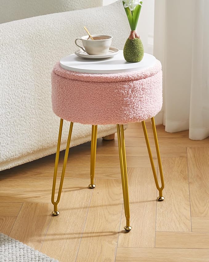 IBUYKE Teddy Velvet Storage Footrest Stool Ottoman, Makeup Vanity Stool Side Table with Removable Cover, Golden Steel Legs, Coffee Table Top Cover, Pink WBD010P