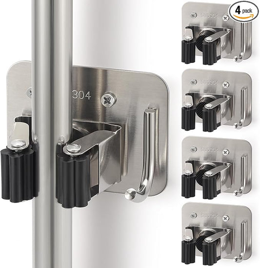 Broom Holder Wall Mount Screw Drilling, Sturdy Heavy Duty Stainless Steel Mop Gripper Rack Perforated, Perfect for Laundry Room Organizer, Fit with Laundry Kitchen Garage Garden Storage System-NeatNest