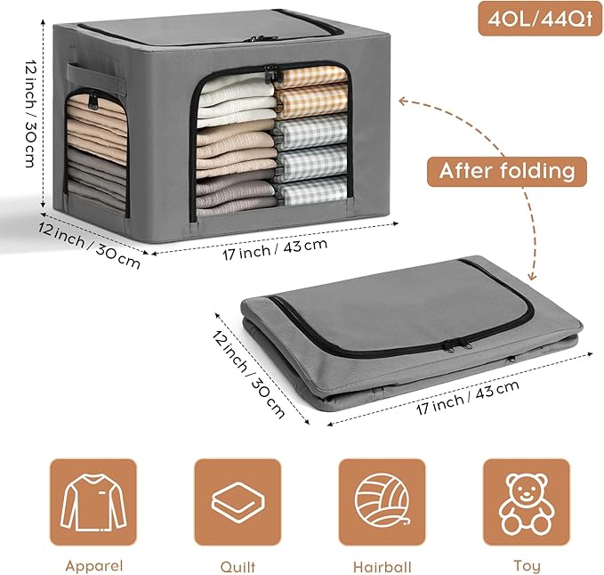 3-Pack Clothes Storage Bins with Metal Frame, Foldable 40L Linen Storage Boxes with Lids, Organizer with Clear Windows, Zippers & Durable Handles (Gray)-NeatNest