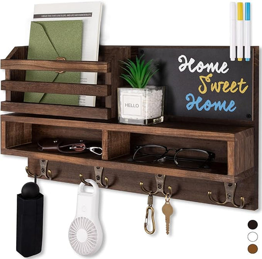 Key Holder for Wall, Wall Mounted Mail Holder Wooden with Shelf & 3 Liquid Chalks & Chalkboard, Mail Sorter Organizer, Rustic Home Decor - Entryway Living Room (15.98”W x 9.1”H x 3.3”D), Brown
