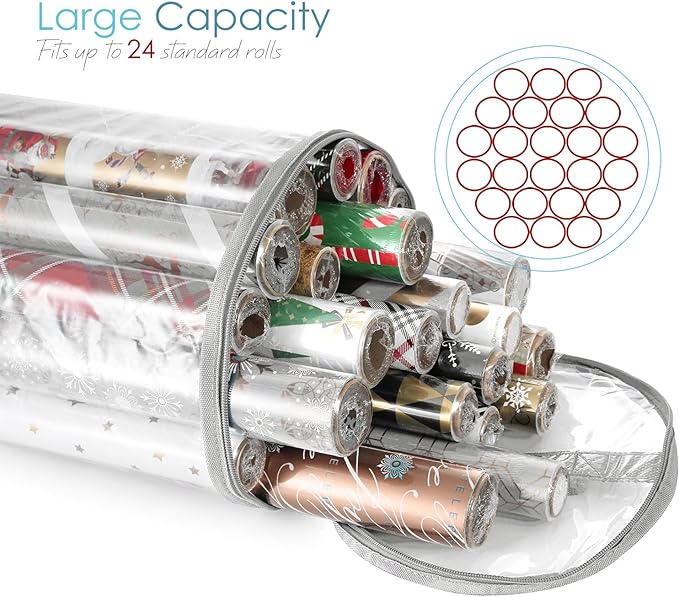 Hearth & Harbor Wrapping Paper Storage Container - Clear Wrapping Paper Holder Fits Up To 14 Rolls of 40" - Tear Proof Gift Wrap Organizer - Premium Bag for Easy Carrying, Silver-NeatNest