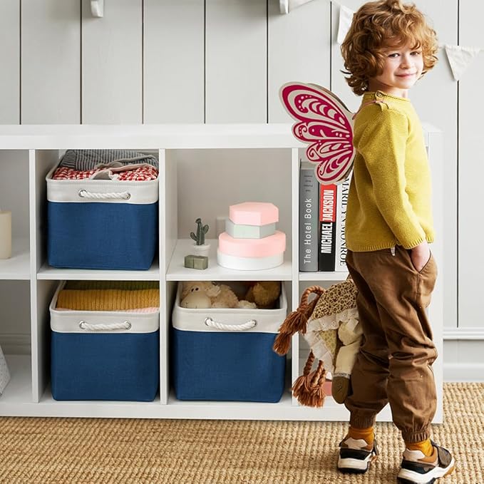 TheWarmHome Organization and Storage for Organizing - 3 Pack 16x12x12 inch Cube Storage Bin for Shelves, Fabric Storage Cubes for Closet Cloth Organizer Gift Toy (White & Jean Blue)-NeatNest