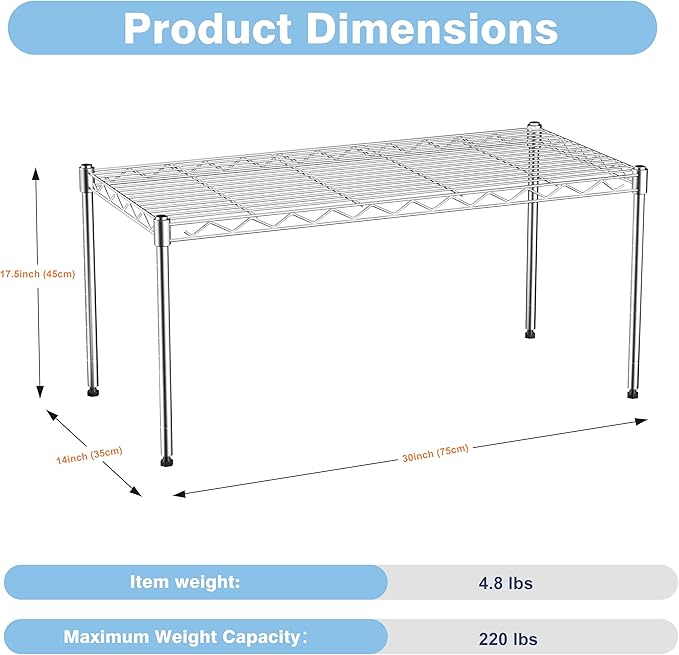 1-Tier Wire Shelf Rack,30" Wx14 Dx17 H,Single Metal Shelves Rack,Height Adjustable Metal Wire Shelving Unit and Storage KOR Kitchen,Cabinet,Countertop,Under-Sink,Closet,Pantry,Studio-NeatNest