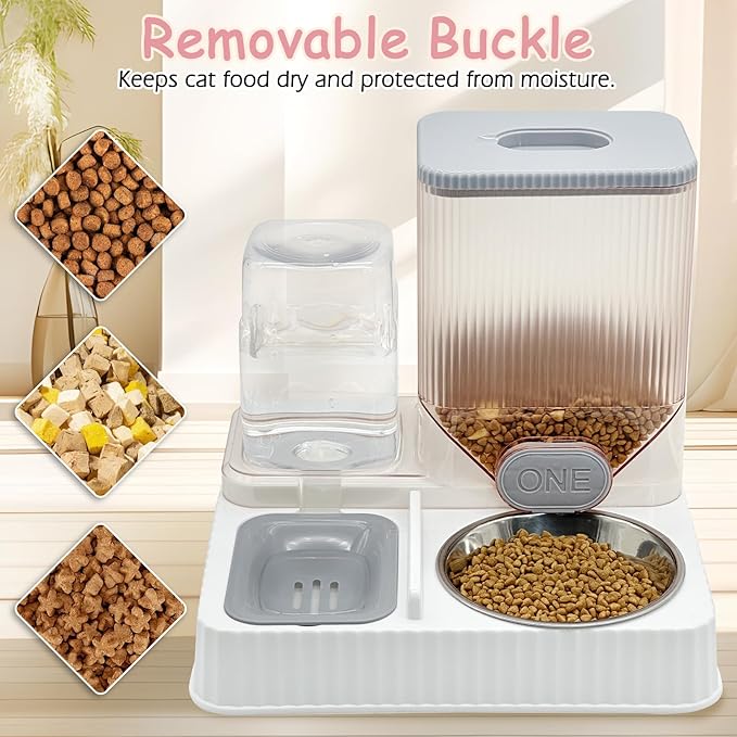 Fhiny Gravity Cat Feeder & Water Dispenser, 2 in 1 Automatic Puppy Waterer Removable Stainless Steel Food Bowls Set Self Feeding Pet Food Storage for Cat Kitten Puppy Easy Clean (Grey)-NeatNest