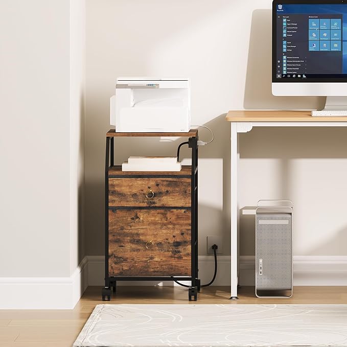HOOBRO 2-Drawer Mobile File Cabinet, Filing Cabinet with Charging Station, Printer Stand with Open Storage Shelf, for A4/Letter Size, Home Office, Nonwovens Drawer, Rustic Brown and Black BF10UWJ01