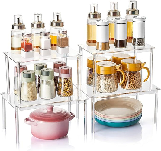 Acrylic Spice Rack Organizer Shelf for Cabinet, Set of 4 Shelves for Kitchen Organizers and Storage, Stackable Display Riser Shelf for Countertop Display Pantry Cabinet, Clear Shelves Room Decor-NeatNest