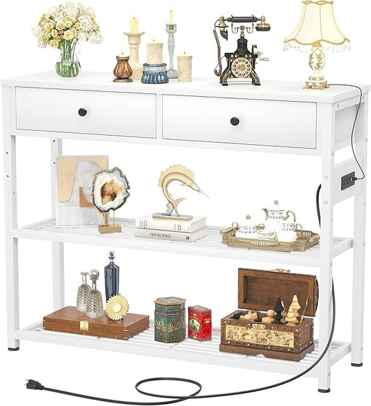 Ecoprsio Entryway Table with Outlets and USB Ports, Console Table with 2 Drawers, Small Sofa Table with Storage Shelves for Living Room, Couch, Hallway, Foyer, Kitchen Counter, 32'', White-NeatNest