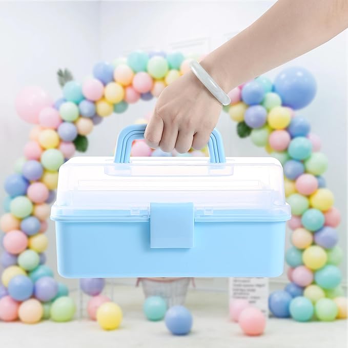 11(in) Versatile Three-Layer Folding Organizer Box,Ideal for Art & Crafts,Toys,Sewing Supplies,Jewelry and Tools,Storage with Dual Trays,Elegant Blue