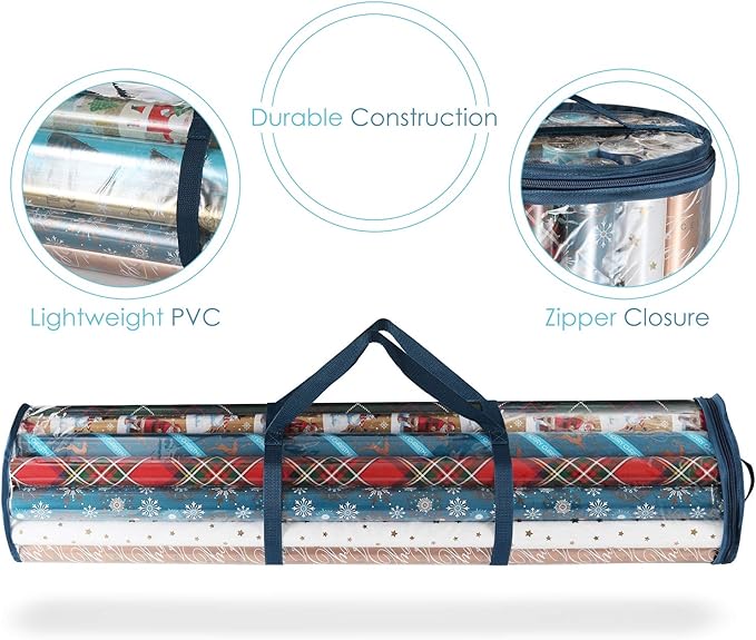 Hearth & Harbor Wrapping Paper Storage Container - Clear Wrapping Paper Holder Fits Up To 14 Rolls of 40" - Tear Proof Gift Wrap Organizer - Premium Bag for Easy Carrying, Blue-NeatNest