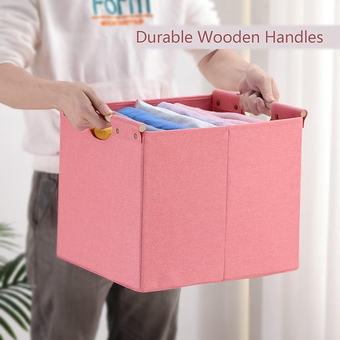 HOONEX Large Foldable Storage Bins, Linen Fabric, Pack of 2, Storage Baskets with Wooden Carry Handles and Sturdy Heavy Cardboard, for Home, Office, Car, Nursery, Pink