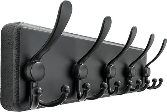 Dseap Coat Rack Wall Mounted - 5 Tri Hooks, Heavy Duty, Wooden Wall Coat Hanger Coat Hook for Clothes Hat Jacket Clothing, Black