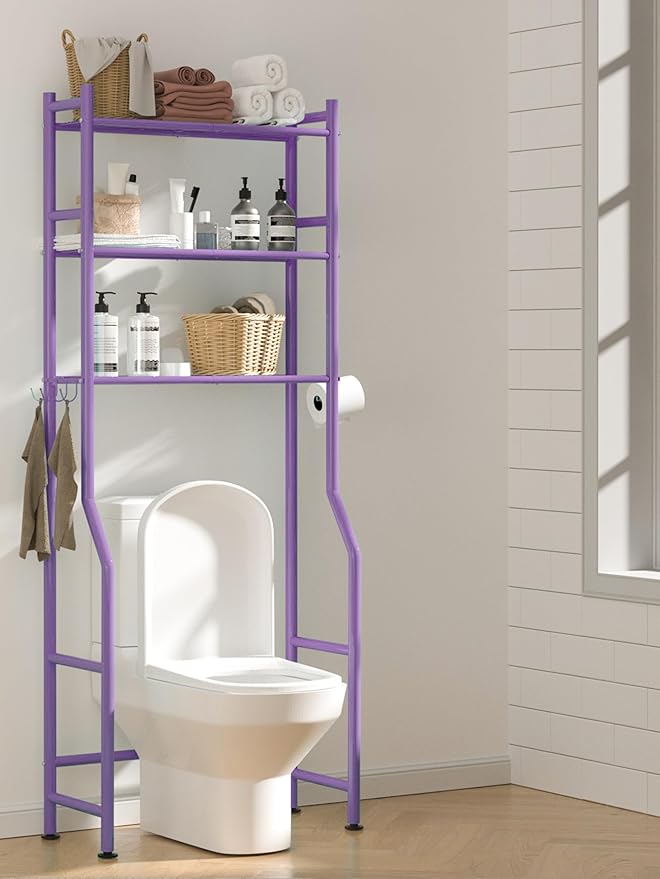 3-Tier Over The Toilet Storage, Space Saver Metal Bathroom Shelves, Freestanding Above Over Toilet Storage Shelf with 4 Hooks for Bathroom, Purple-NeatNest