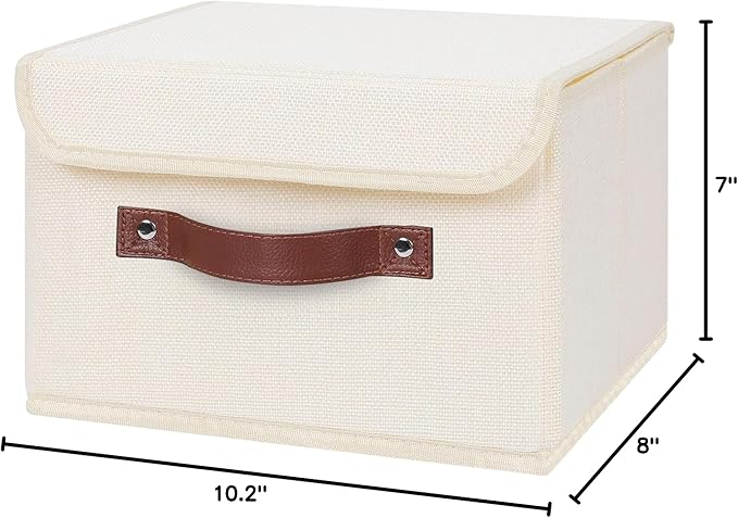 ANMINY 4PCS Storage Bins with Lid PU Leather Handles Storage Boxes PP Plastic Board Decorative Foldable Lidded Cotton Linen Fabric Home Cubes Baskets Closet Organizer Containers - Beige, Small Size-NeatNest