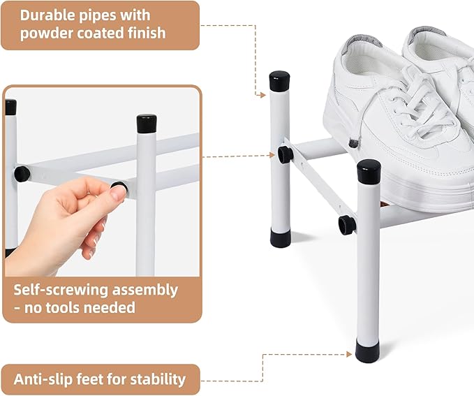 STORAGE MANIAC Expandable Shoe Rack, 4 Pairs Stackable Small Shoe Rack, Metal Adjustable Shoes Organizer for Closet, Entryway, Hallway, Garage, Front Door, Shoes Shelves, White 1 Tier-NeatNest