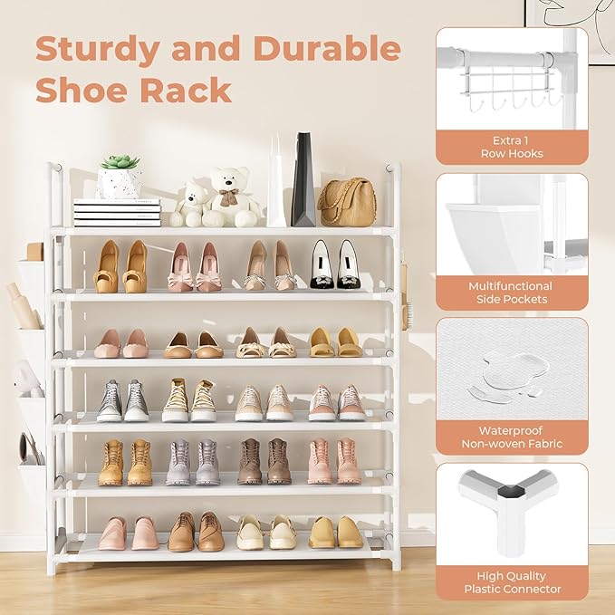 6 Tier Shoe Rack Storage for 24-30 Pairs Shoe and Boot, Shoe Organizer with Hook and Side Pocket Free Standing Long Shoe Shelf Tall Shoe Rack Organizer for Closet, Entryway, Dorm, White-NeatNest