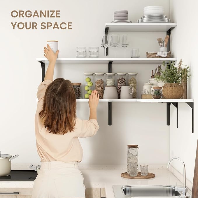 Fun Memories Floating Shelves for Wall, 12 Inch Deep Floating Shelves Set of 2, Wall Mounted Shelf with Metal Brackets, Rustic Wood Wide Shelf for Bathroom, Kitchen and Living Room, White, 32W x 12D-NeatNest