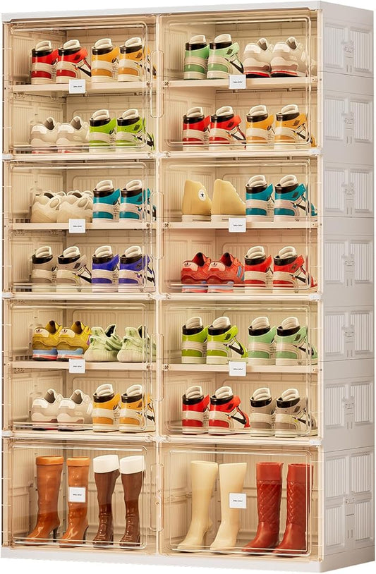 JEKO&JEKO 7 Tiers Foldable Boot and Shoe Storage Rack Cabinet for Closet Entryway, Large Collapsible Shoe Organizer with Magnetic Doors (White)-NeatNest